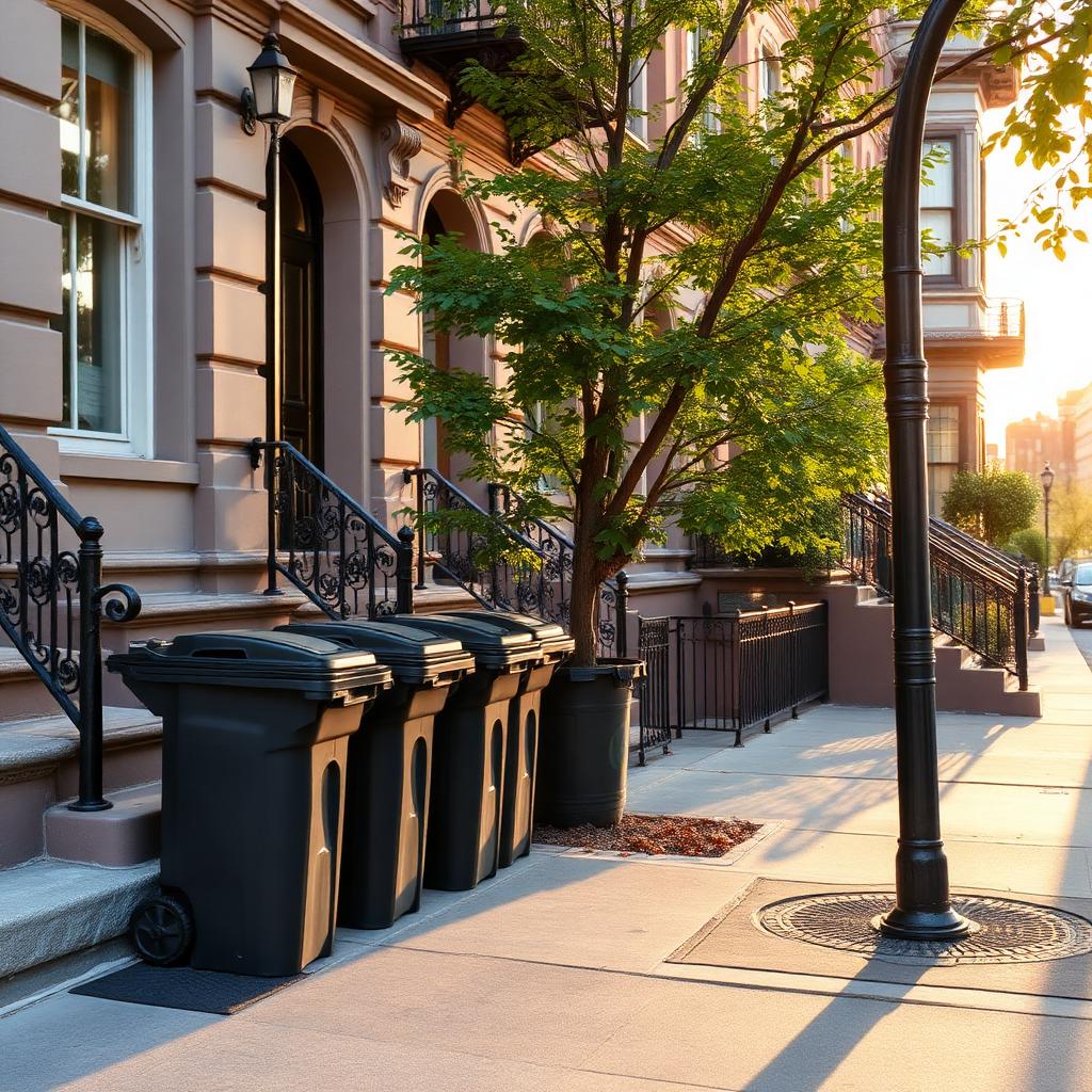 Spotless Brooklyn building lobby with polished floors and neatly staged trash bins at the curb