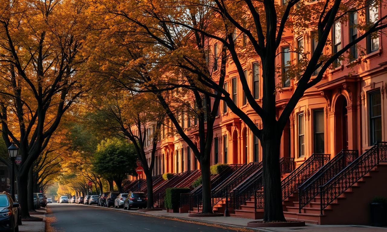 Tree-lined Brooklyn brownstone street at golden hour